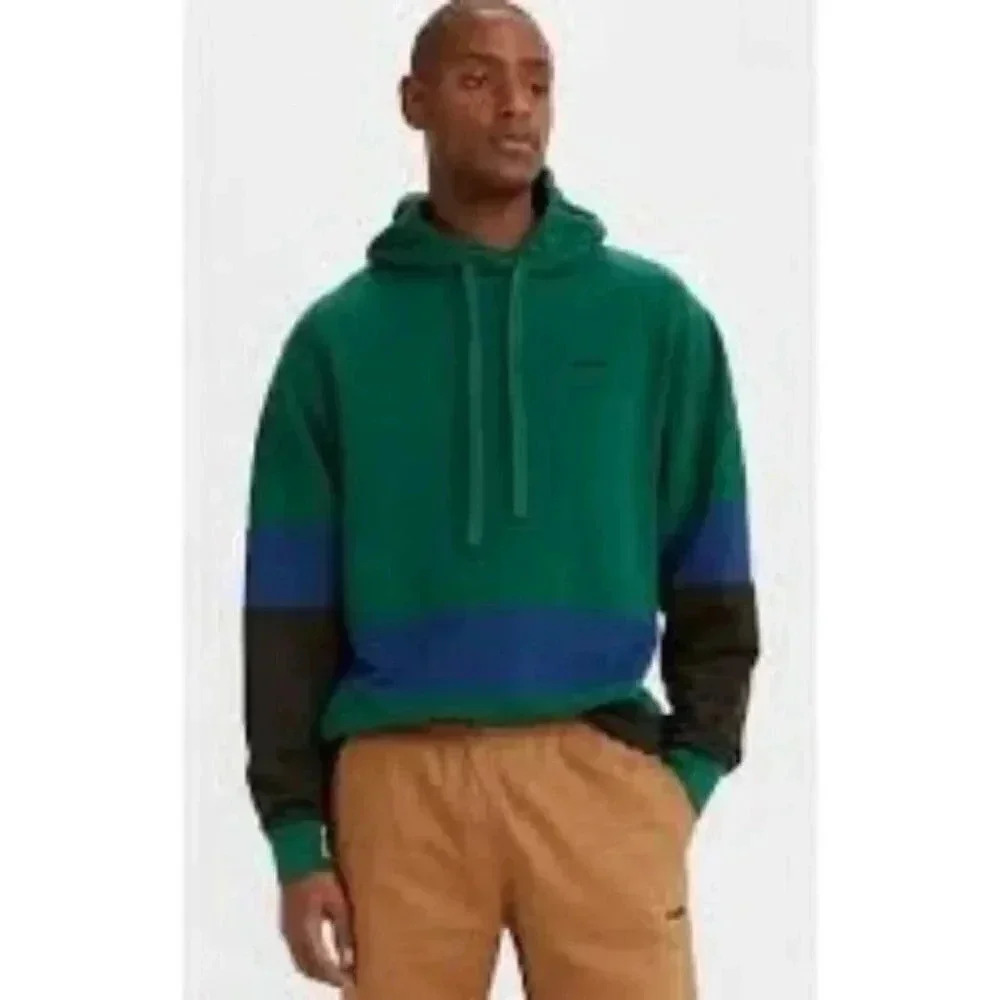 Levi's Pieced Open Hem Cotton Hoodie Tri Color Caviar Block Relaxed Fit Med